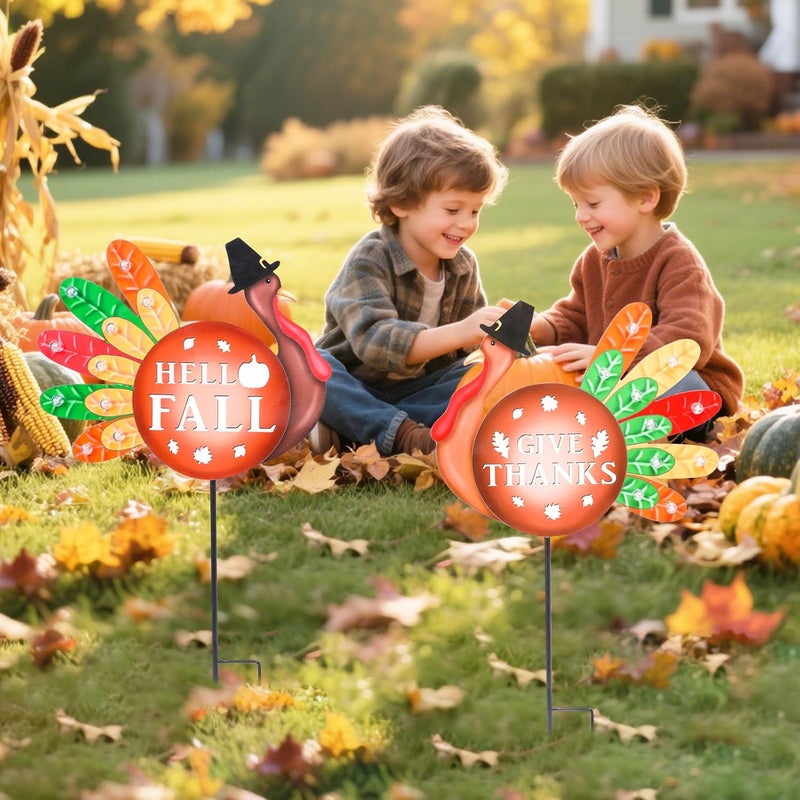 VCUTEKA Fall Yard Decor Outdoor Autumn Harvest Garden Stakes with LED Light Autumn Two Turkeys Yard Sign with Stakes Fall Thanksgiving Decoration for Home Outside Lawn Garden Holiday Decor - Image 4